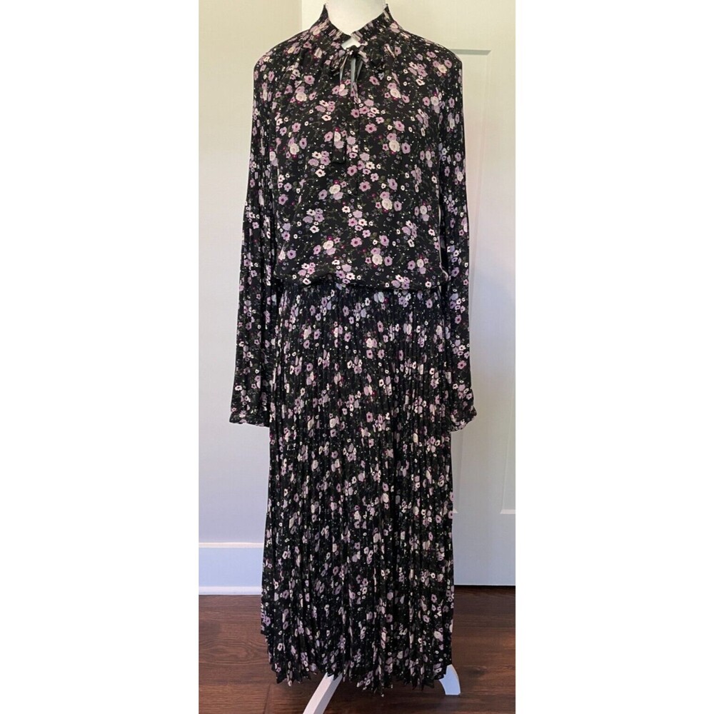 RALPH LAUREN Womens DRESS Long Sleeve BLACK Purple Floral Accordion Skirt Sz 10